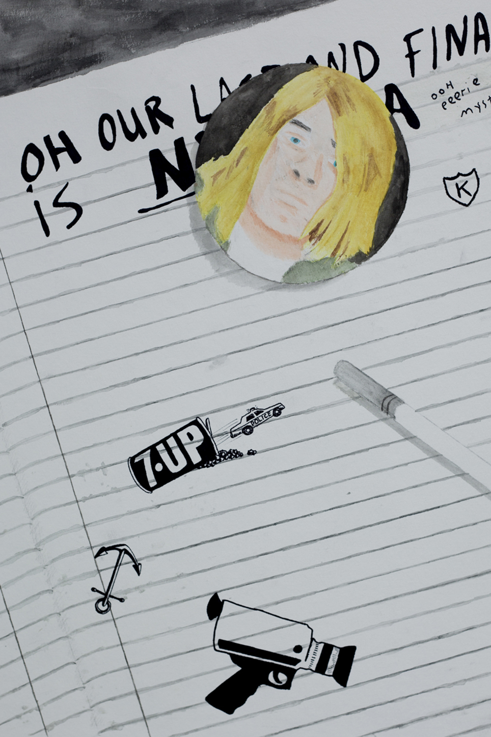 Watercolor illustration of Kurt Cobain inside of a notebook of doodles relating to his life.