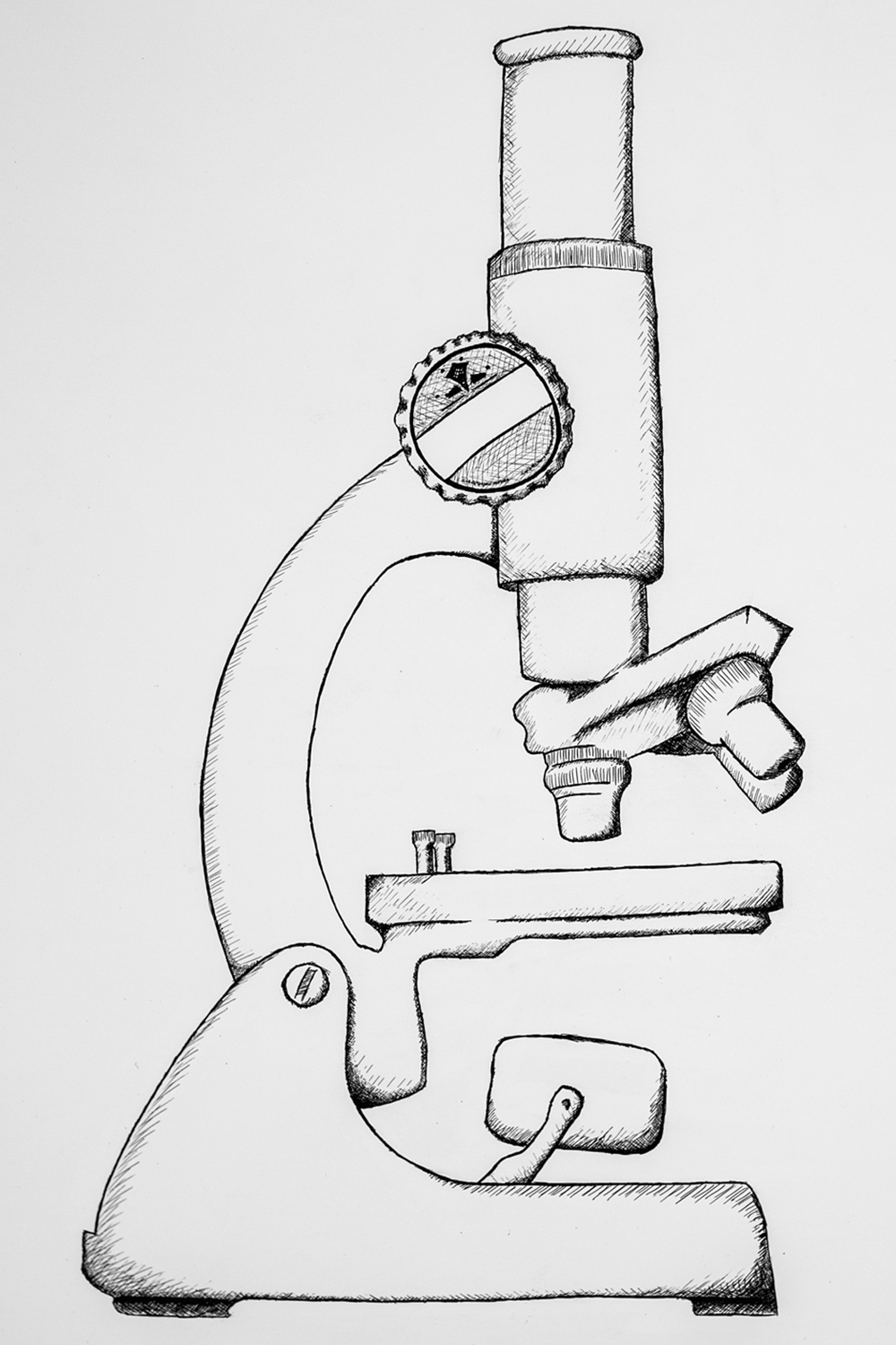 Crowquill illustration of a microscope with a beer bottle cap for its main adjustment dial.