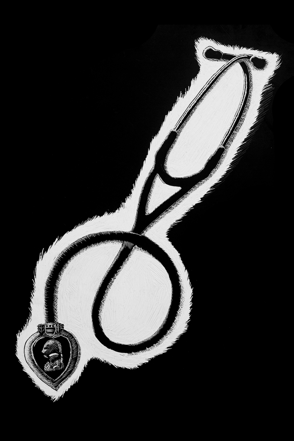 Scratchboard illustration of a stethoscope with a purple heart medal in the place of its diaphragm.